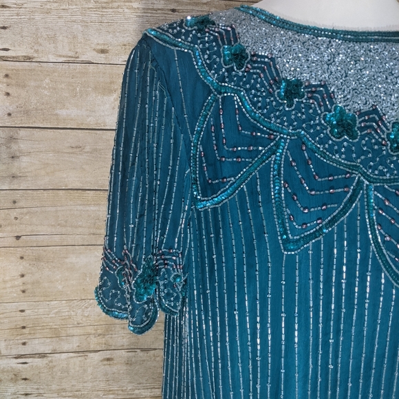 Vintage Stenay Teal Beaded Blouse - Picture 4 of 14